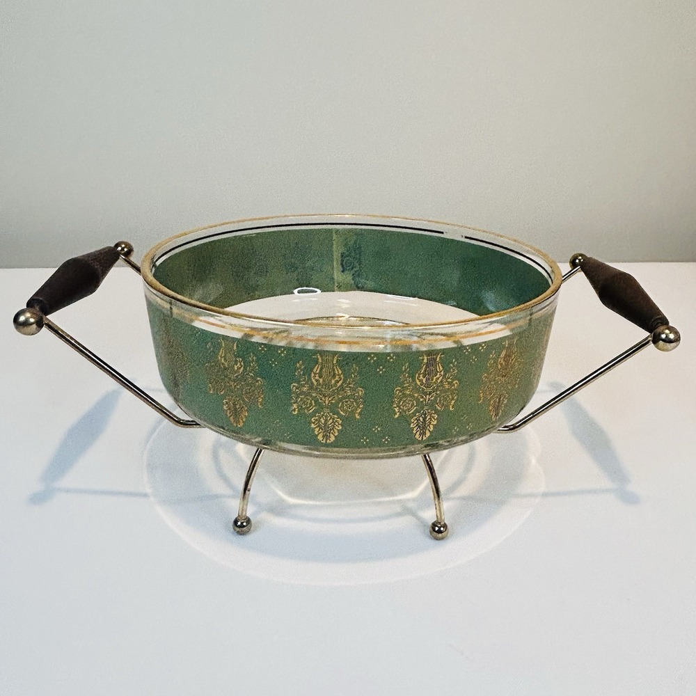 MCM Brass Casserole Caddie Rack Wood Handles Green Gold Lyre Glass Dish Vintage